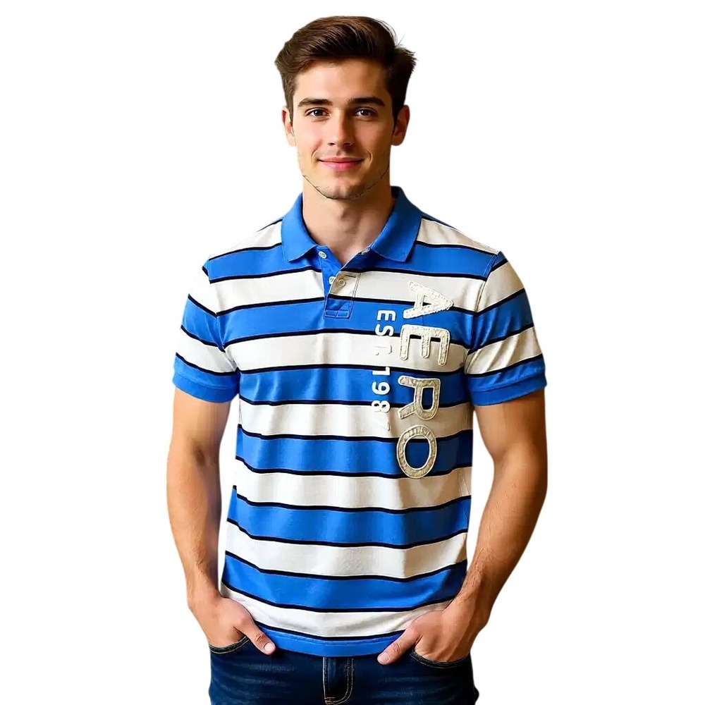 Aeropostale Mens Blue White Striped Polo Shirt‎ Short Sleeve L NWT